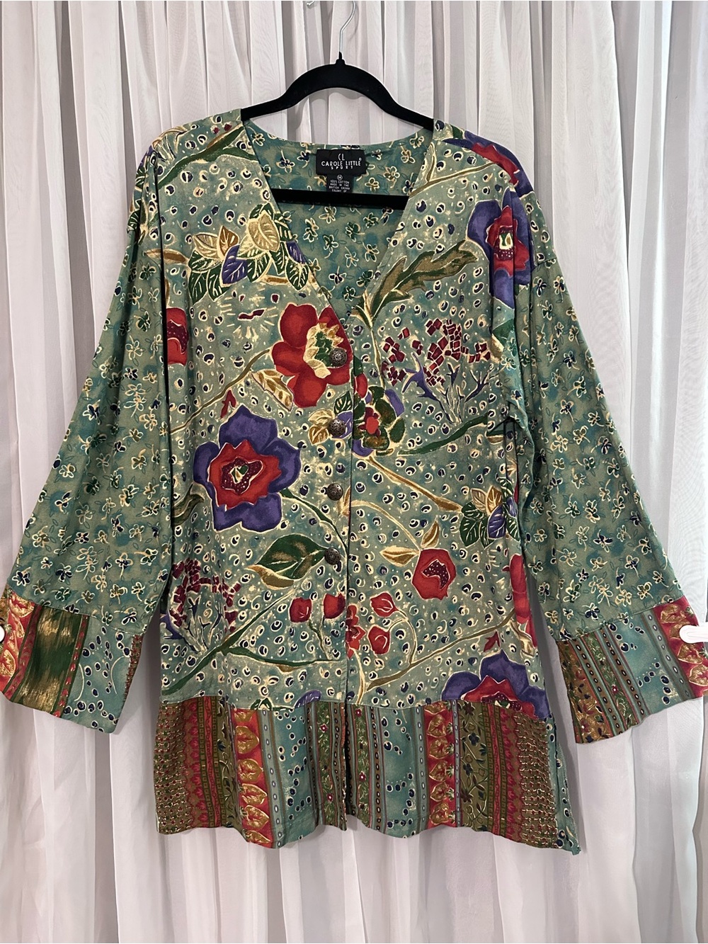 Vintage Carole Little Green Floral Button-Front Cardigan Tunic Top Oversided M